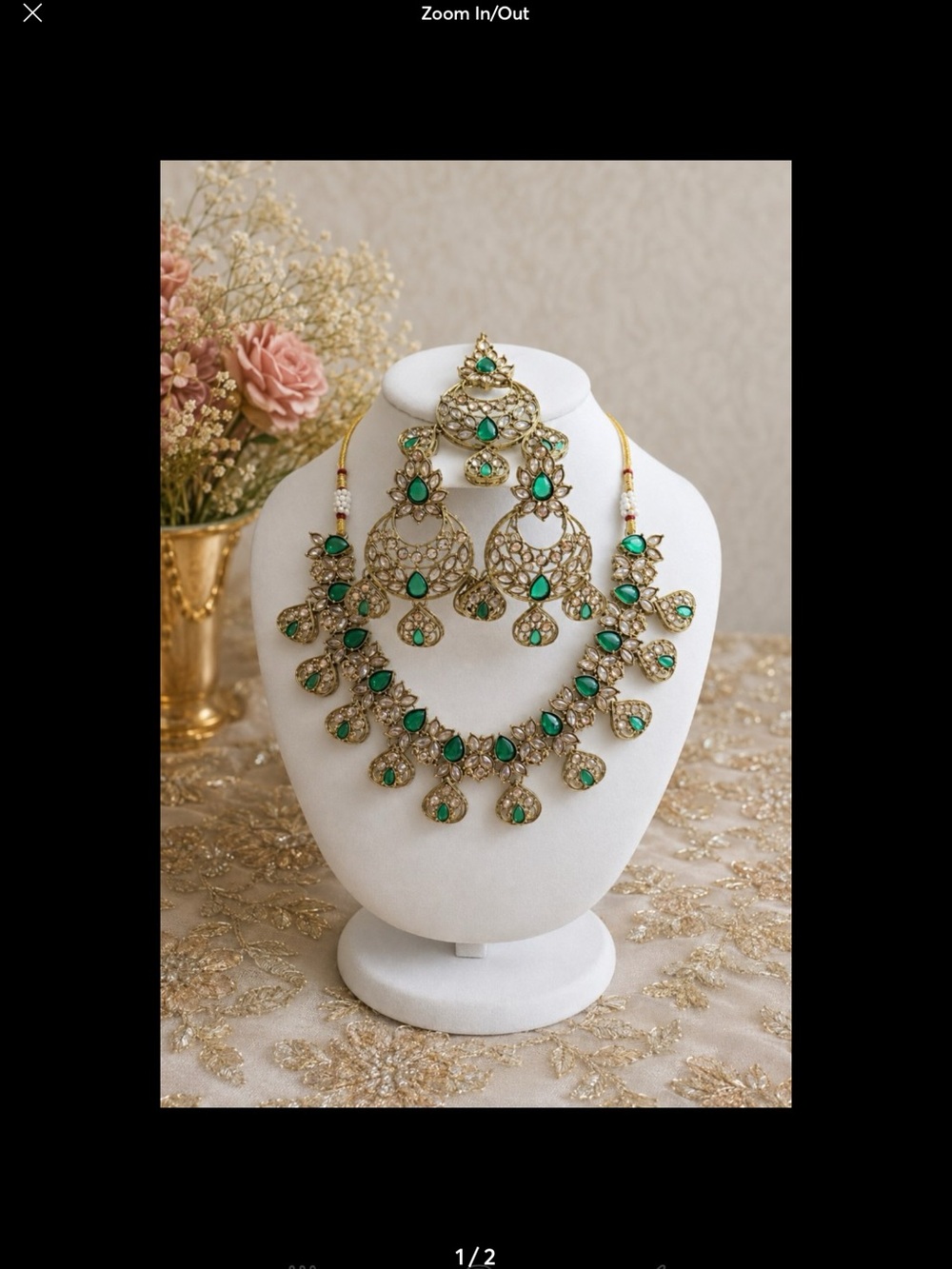 Gold-Tone Emerald Green Kundan Necklace Set - Women Jewelry